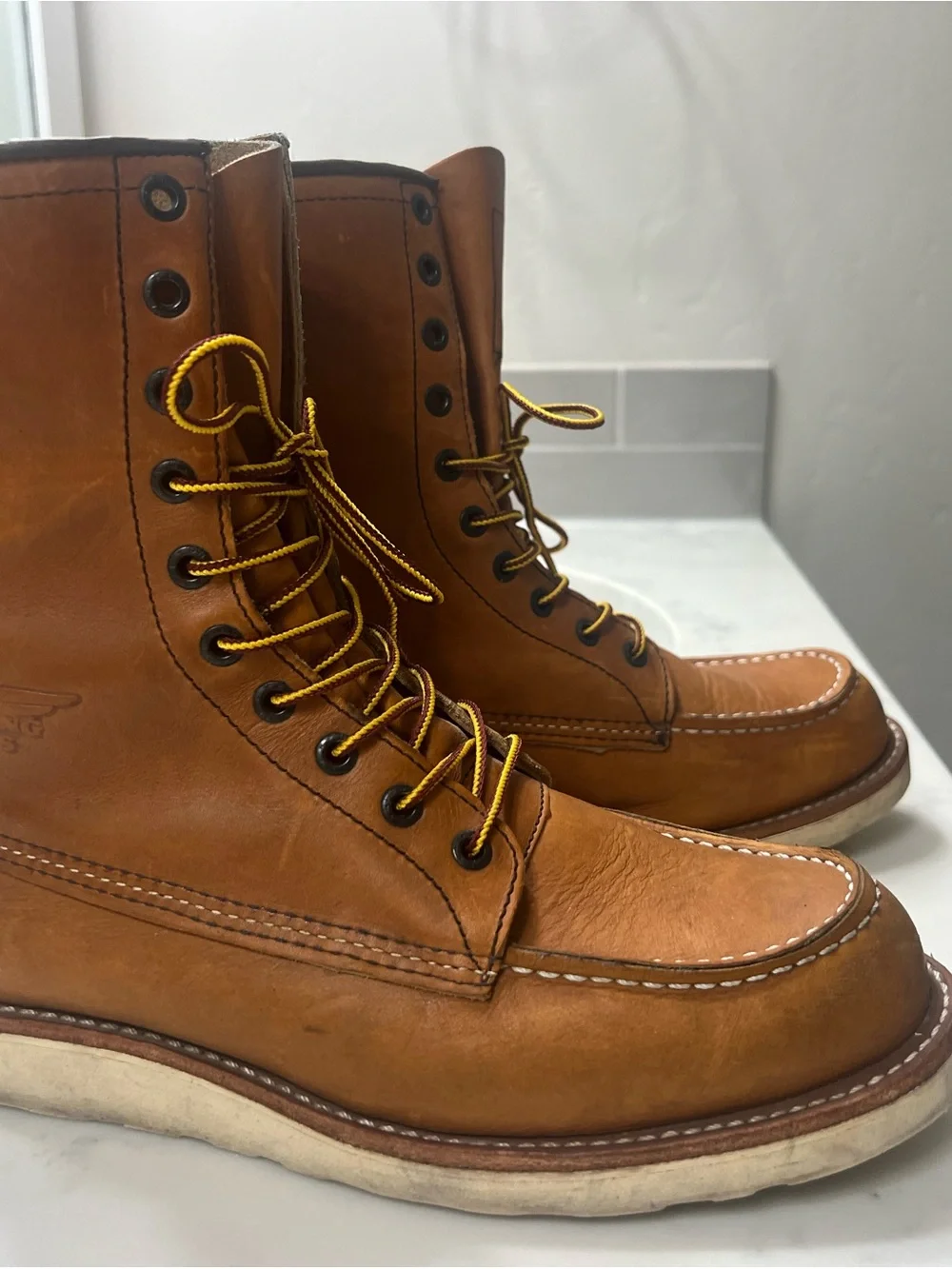 Red Wing Shoes Moc Toe Work Boots - Cognac Brown with Yellow Laces